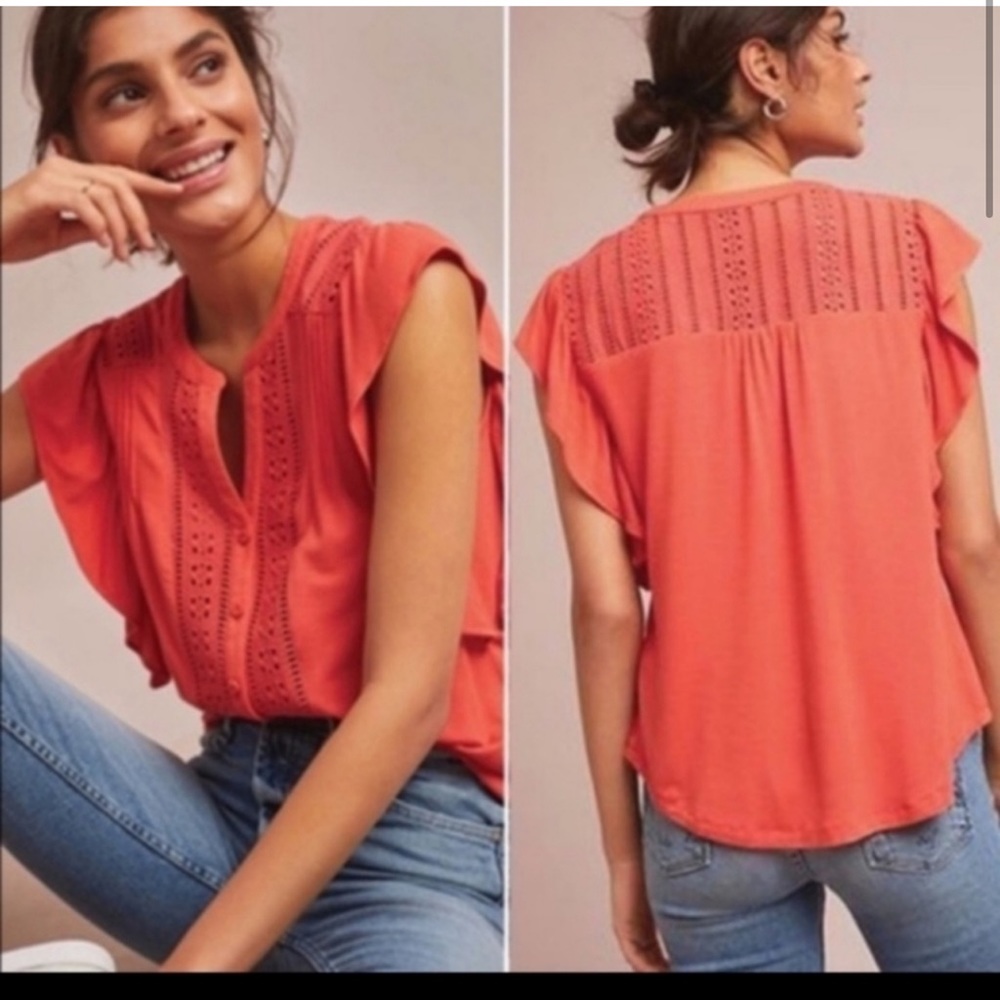 Anthropologie Maeve Coral Flutter Sleeve Eyelet Top Large